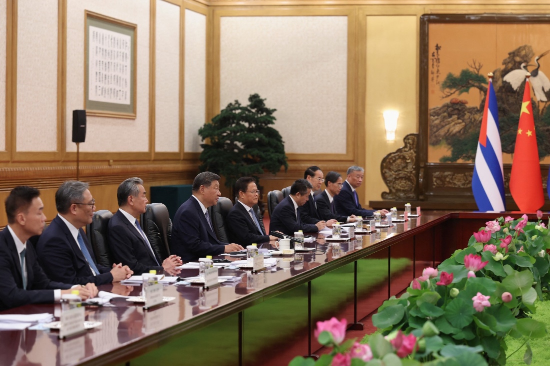 Chinese President Xi Jinping speaks at the beginning of a bilateral meeting with Cuban President Miguel Diaz-Canel meet in The Great Hall of People in Beijing, China. (AFP)
