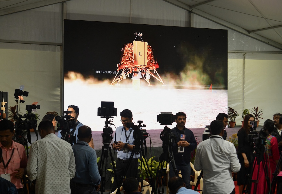 Members of the media cover a livestream of the Chandrayaan-2 mission in Bangalore, India in 2019. (AFP file photo)