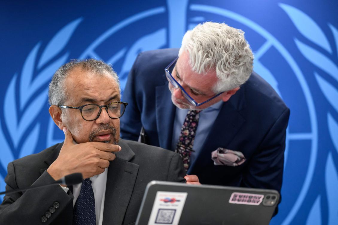 WHO Director-General Tedros Adhanom Ghebreyesus listens to a staff a press conference on Ebola outbreak in Democratic Republic of Congo and Uganda, at the UN health agency’s headquarters in Geneva on May 20, 2026. (AFP)