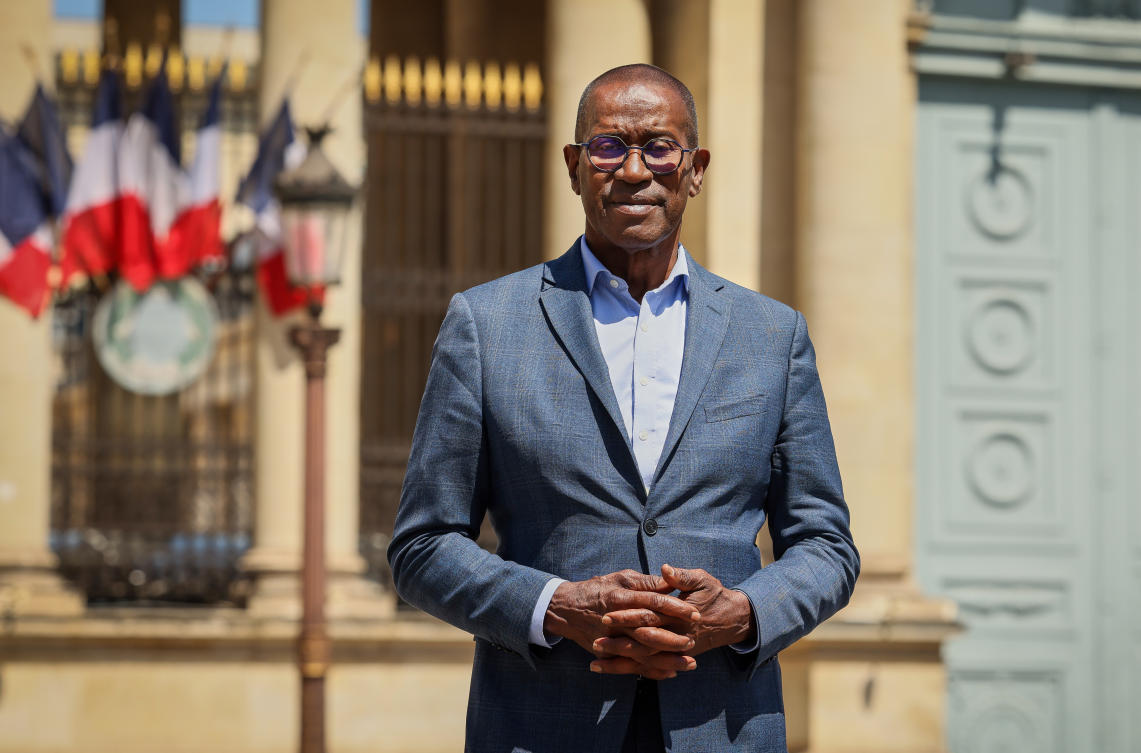 French lawmaker Max Mathiasin of the French Caribbean island Guadeloupe, poses at the entrance of the National Assembly in Paris, Wednesday, May 27, 2026, before lawmakers examine a bill to formally repeal the Code Noir, or Black Code, the 17th-century royal edict that governed slavery in French colonies and treated enslaved people as property. (AP)