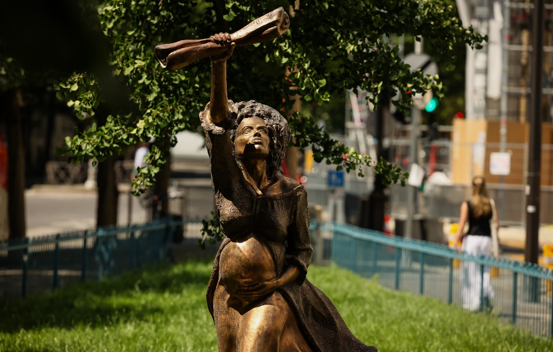 A statue is photographed by French artist Didier Audrat honoring the memory of the abolition of slavery in Paris, France. (AP)