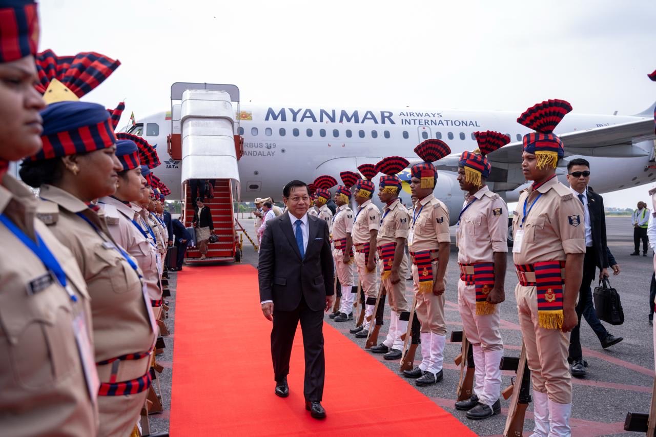 This photo shared by India's Ministry of External Affairs shows Myanmar President Min Aung Hlaing arriving in Gaya International Airport, Bihar, on May 30, 2026. (MEA)