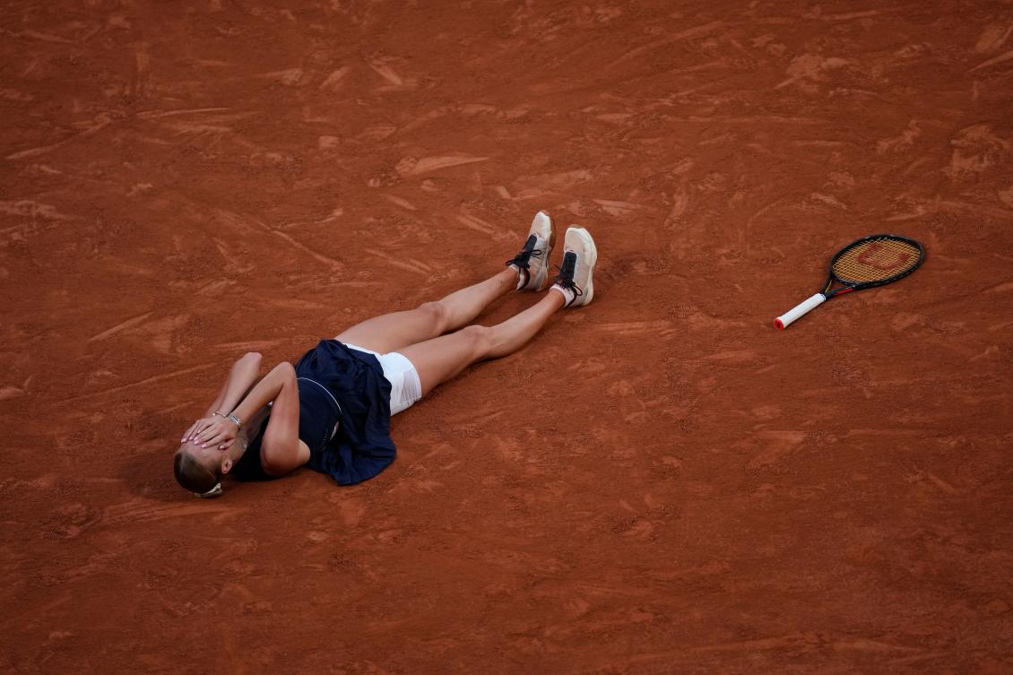 Anastasia Potapova of Austria reacts after winning the third round women’s singles match against Coco Gauff of the US at the French Open in Paris, May 30, 2026. (AP)