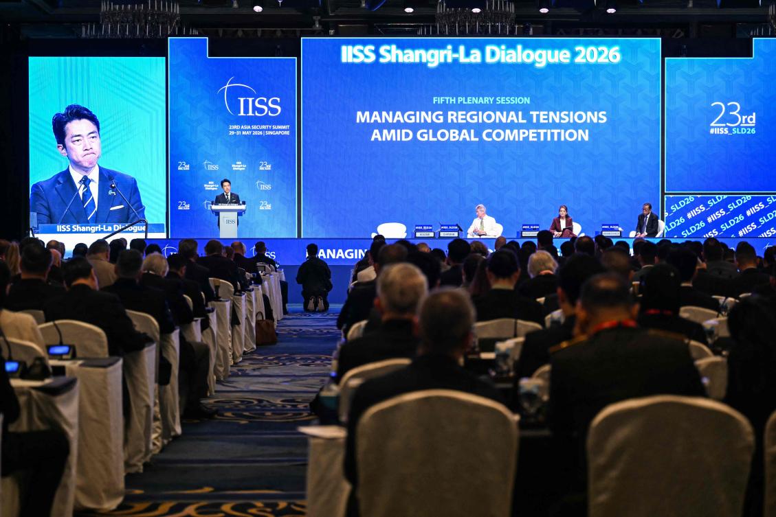 Japan's Defense Minister Shinjiro Koizumi delivers a speech during the Shangri-La Dialogue, Asia's annual defense and security forum, in Singapore, on May 31, 2026. (AP Photo/Achmad Ibrahim)