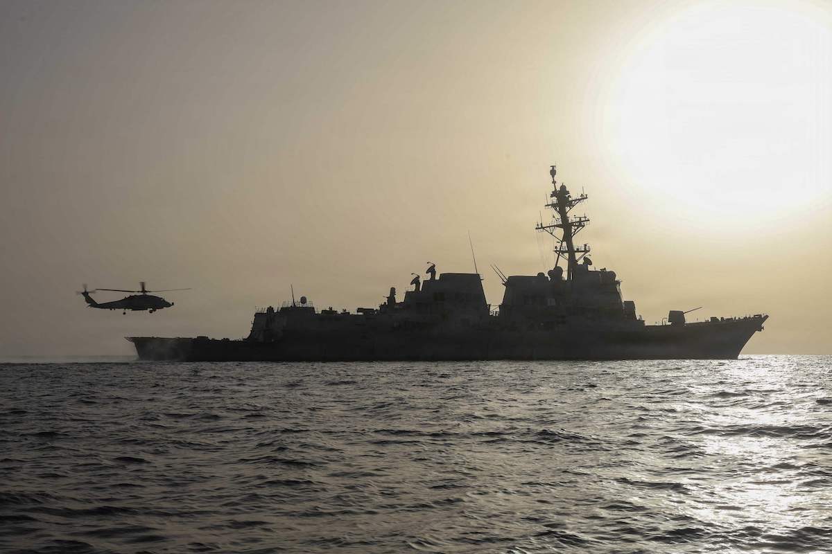 A Sea Hawk helicopter taking off of the flight deck of the guided-missile destroyer USS Thomas Hudner on May 19. (US Navy via AFP)