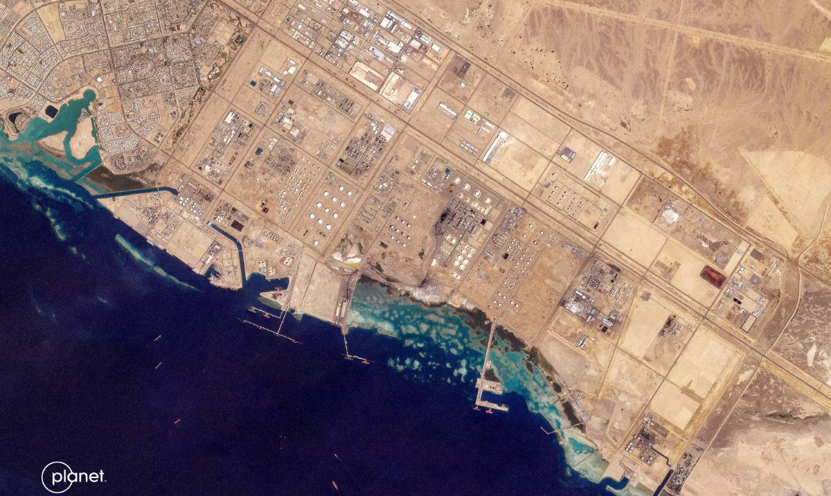 Image shows oil infrastructure at Saudi Arabia’s western Red Sea port of Yanbu on March 4, 2026. (AFP/2026 Planet Labs PBC)