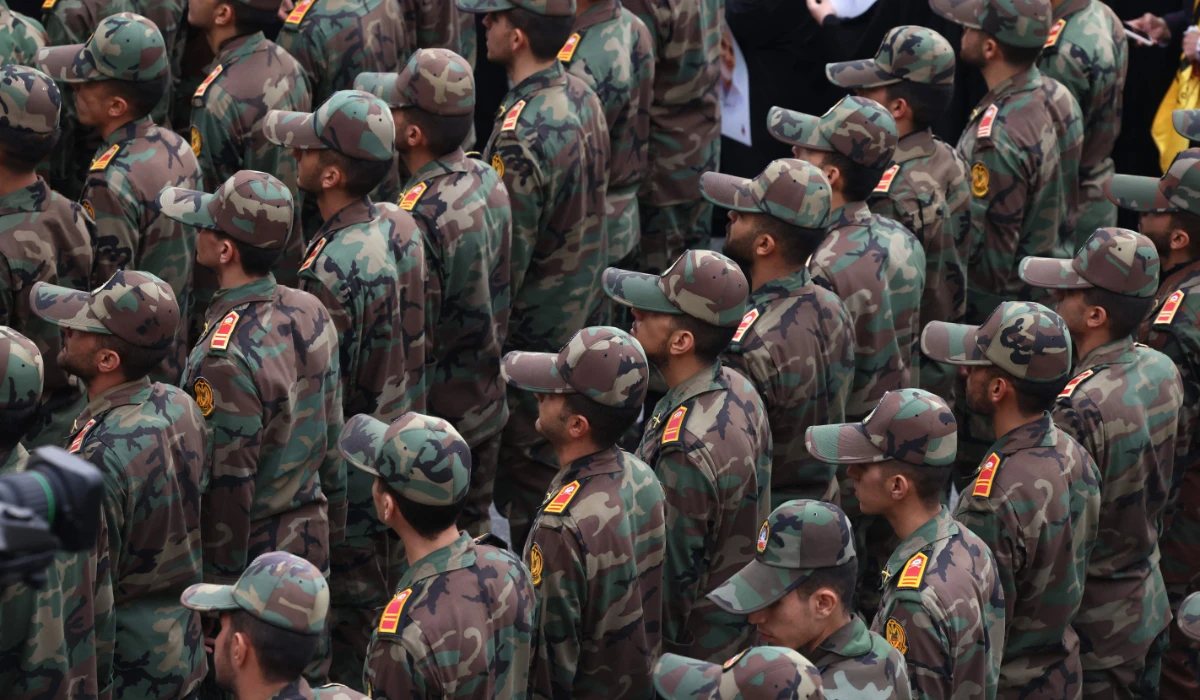 Revolutionary Guard Corps cadets attend the funeral of Razi Moussavi in Tehran, on December 28, 2023. (AFP)