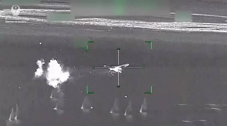 UAE air defenses intercept an Iranian drone in a screengrab from a video released by the UAE's defense ministry in March. (UAE MOD screengrab)
