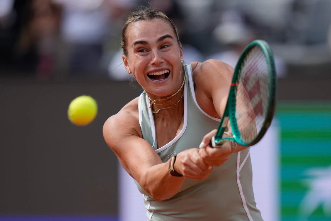 Belarus’ Aryna Sabalenka returns the ball to Romania’s Sorana Cirstea during their match at the Italian Open tennis tournament in Rome, May 9, 2026. (AP)