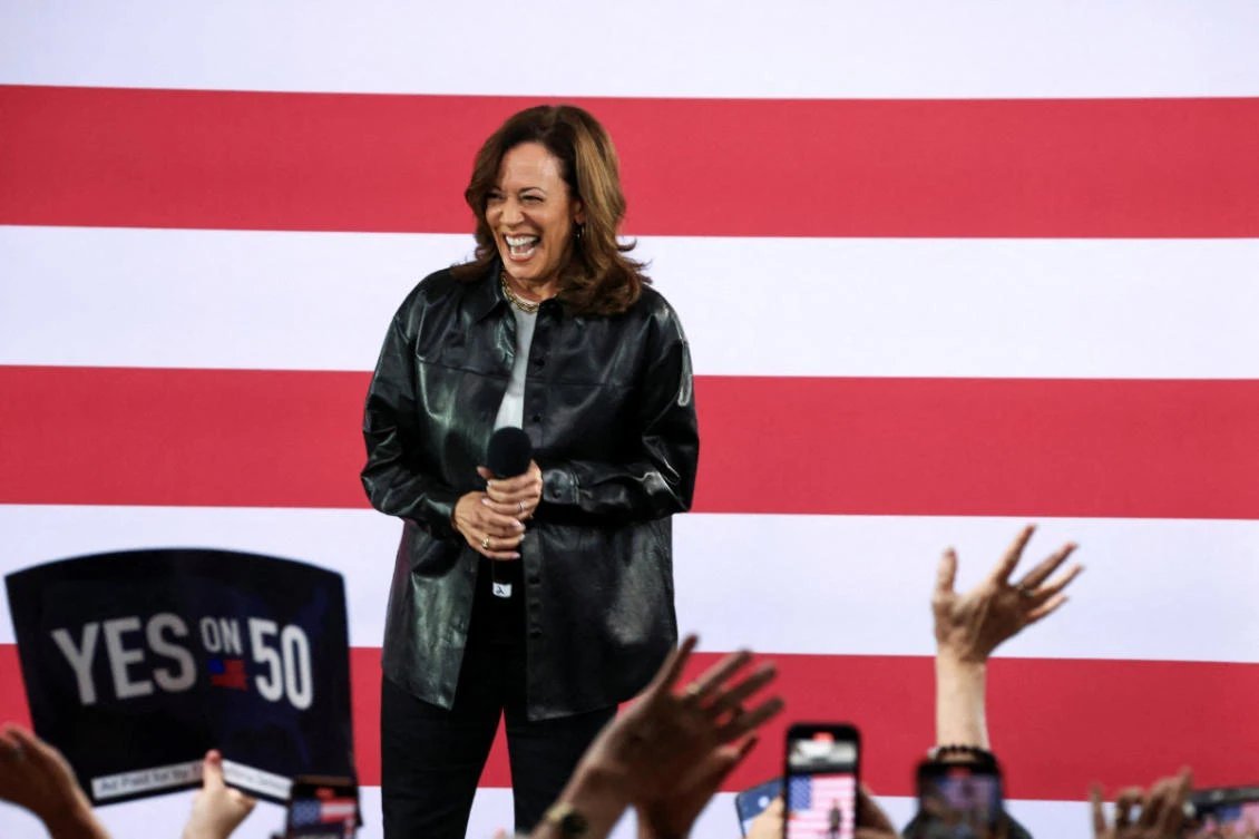 Former US vice president Kamala Harris reacts onstage during a rally in support of a "Yes" vote on Proposition 50, a congressional redistricting measure in the November 4 special election, at the Los Angeles Convention Center in Los Angeles, California, on November 1, 2025. (REUTERS/File Photo)