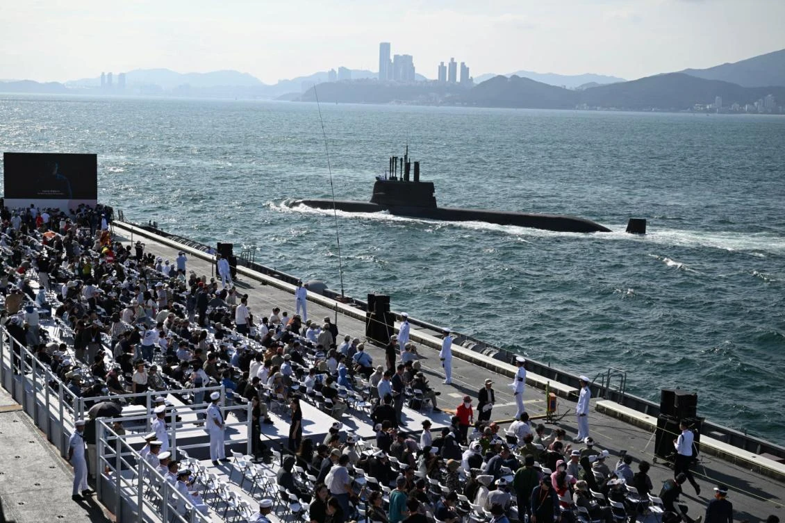 The South Korean Navy submarine Shin Chaeho participates in the South Korean Navy Fleet Review off the southern port city of Busan on September 26 2025. (AFP)