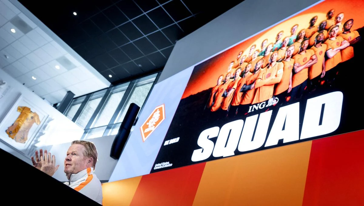 Dutch national football team coach Ronald Koeman announces the team selection for the 2026 FIFA World Cup during a press conference in Zeist on May 27, 2026. (AFP)