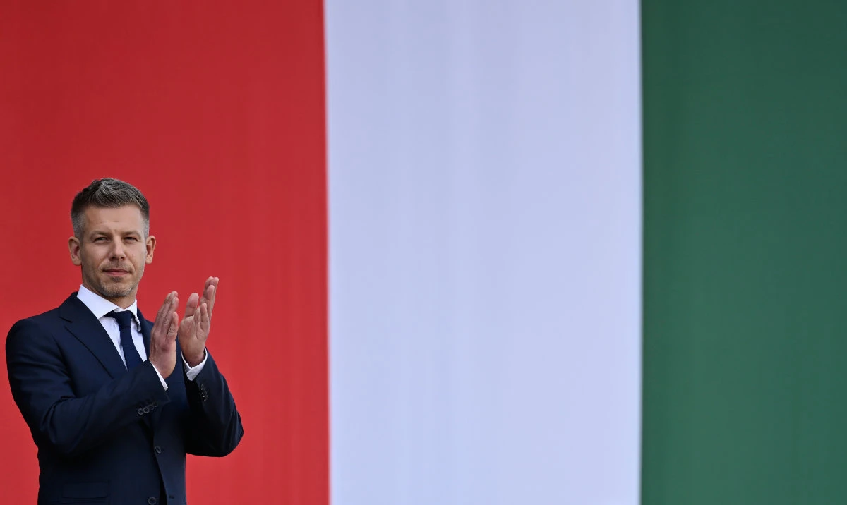 Hungarian Prime Minister Peter Magyar applauds in front of the Hungarian Parliament, in Budapest, Hungary. (AP)