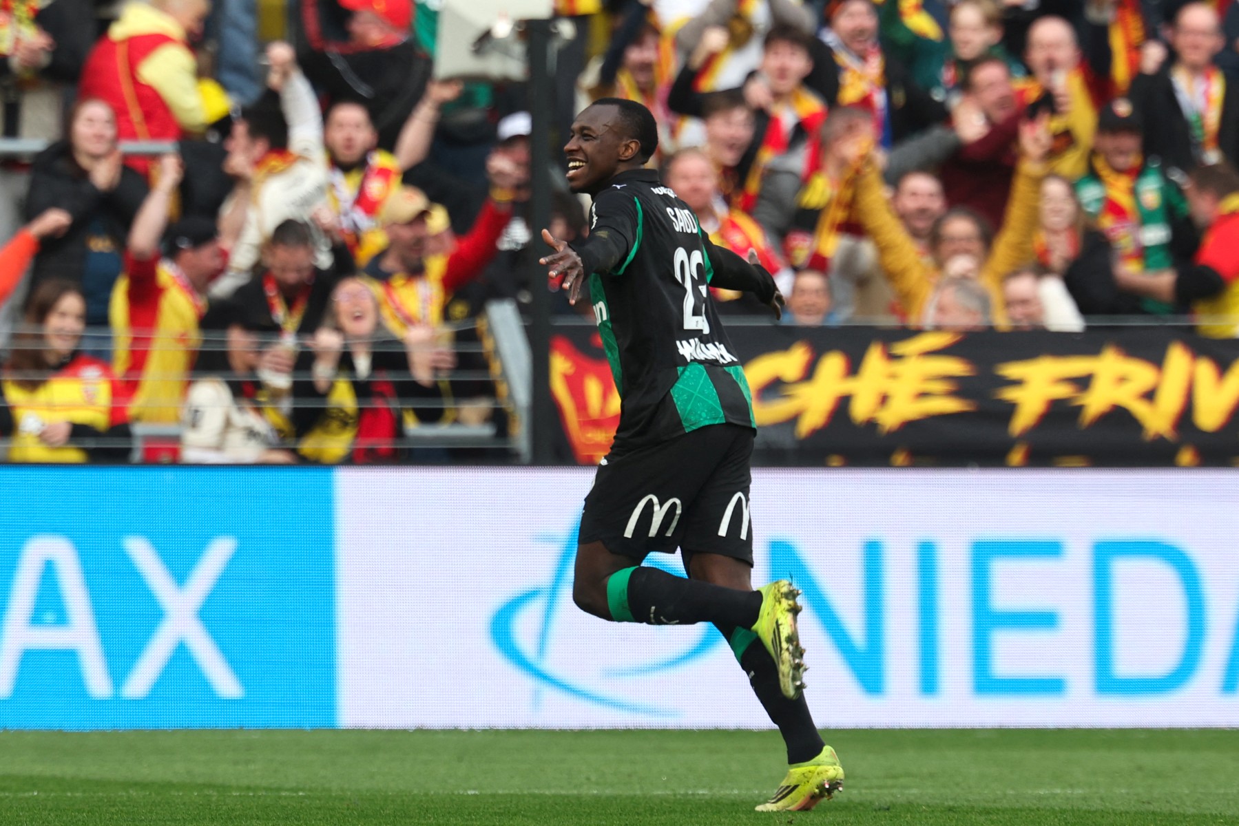 Lens' Saudi Arabian defender #23 Saud Abdulhamid celebrates after scoring his team first goal during the French L1 football match between RC Lens and FC Metz at the Stade Bollaert-Delelis in Lens, northern France on March 8, 2026. (AFP)