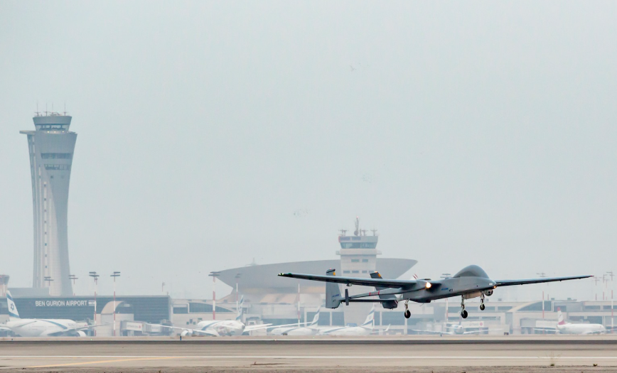 An Israeli military drone at Ben Gurion Airport. (Israel Aerospace Industries Facebook)