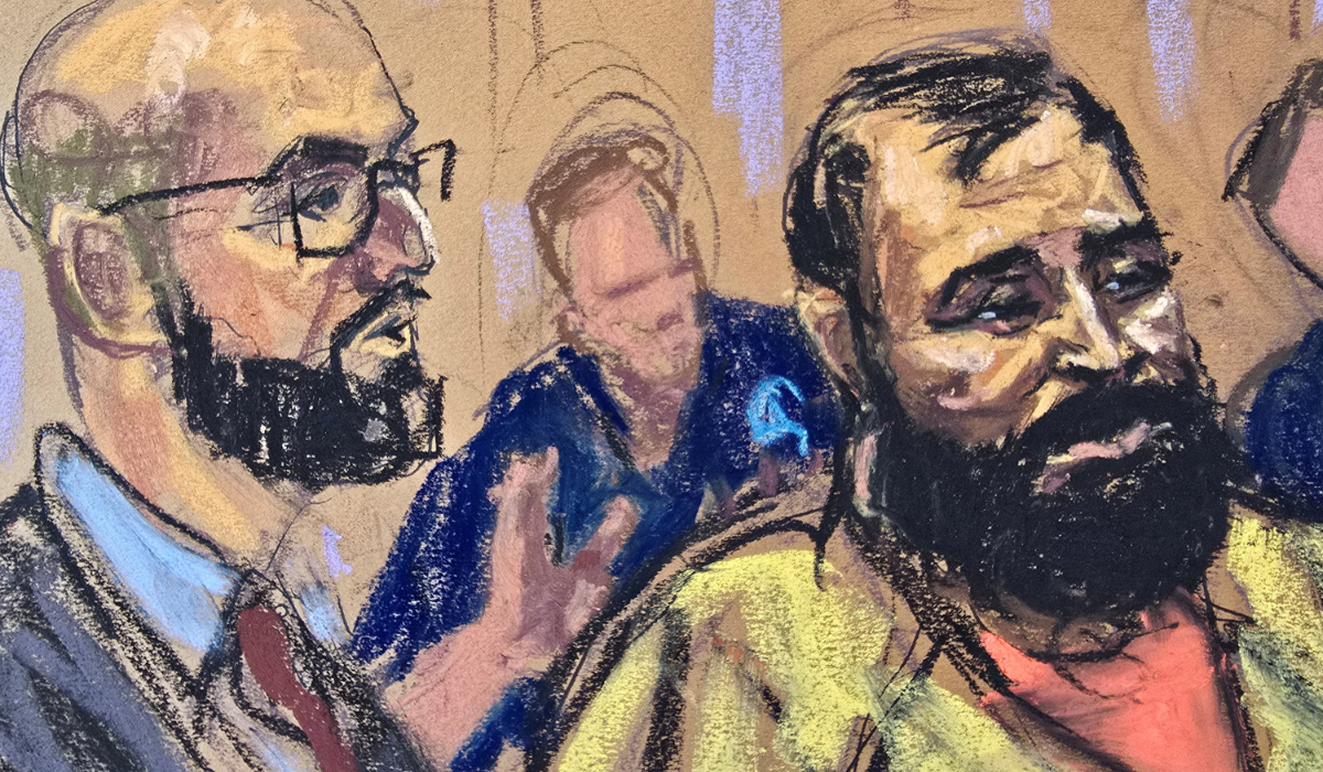 Mohammad Baqer Saad Dawood Al-Saadi, an Iraqi man accused of helping Iran-backed militia's plans for attacks in the US and Europe, stands with his defense attorney Andrew Dalack during his arraignment in Manhattan federal court in New York City, US, June 1, 2026 in a courtroom sketch. (REUTERS)