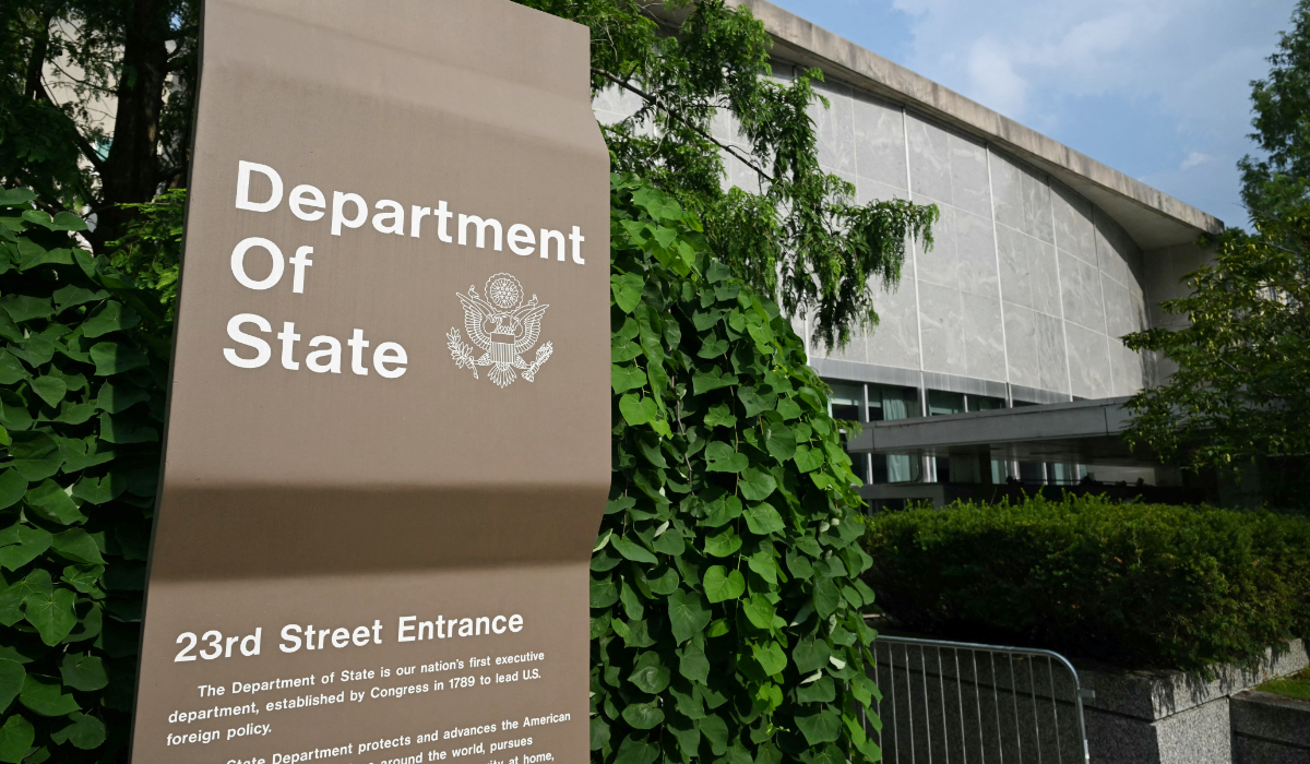 A sign is seen outside the US State Department in Washington, DC, on July 11, 2025. (AFP)