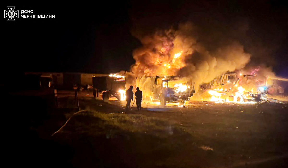 In this handout photograph taken and released by the Ukrainian Emergency Service on June 1, 2026, Ukrainian rescuers work to extinguish a fire at the site of an air attack at an undisclosed location in Chernigiv region, amid the Russian invasion of Ukraine. (AFP)