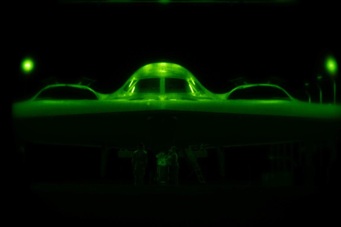 Above, a nuclear capable US Air Force B-2 Spirit stealth bomber at Whiteman Air Force Base, Missouri in June 2025, in a photograph taken using night vision optics. (US Air Force via Reuters)