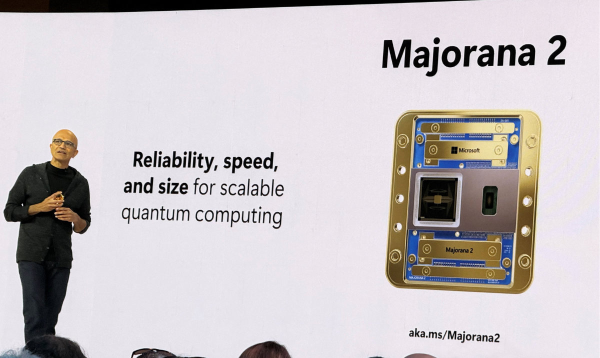 Microsoft CEO Satya Nadella announces Majorana 2 on stage at Microsoft's Build developer conference in San Francisco, California, US, June 2, 2026. (Reuters)
