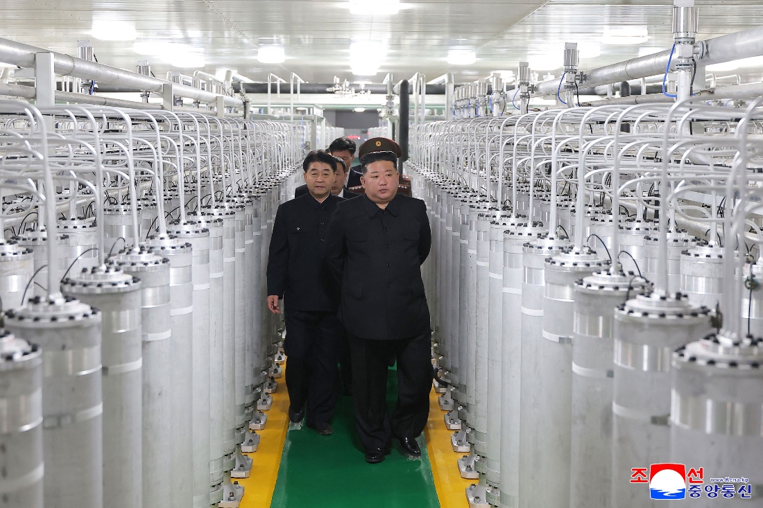 North Korean leader Kim Jong Un inspecting the newly-inaugurated nuclear materials production factory at an undisclosed location in North Korea. (KCNA/AFP)