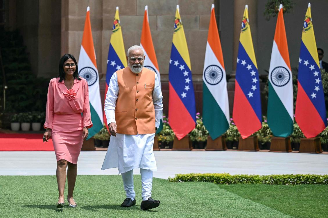 Venezuela's interim President Delcy Rodriguez (L) walks with India's Prime Minister Narendra Modi before their meeting at the Hyderabad House in New Delhi on June 4, 2026. (AFP)