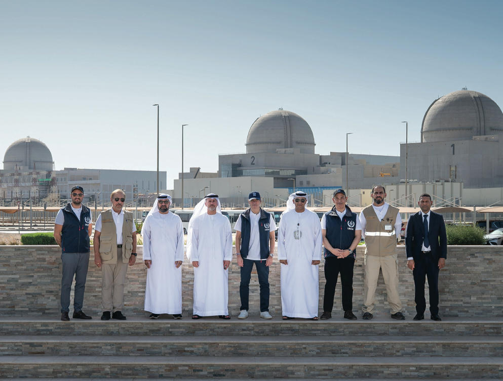 IAEA Director General Rafael Grossi poses with Emirati officials at the Barakah Nuclear Energy Plant in the Al-Dhafra region of Abu Dhabi on Tuesday. (UAE Ministry of Foreign Affairs/via Reuters)