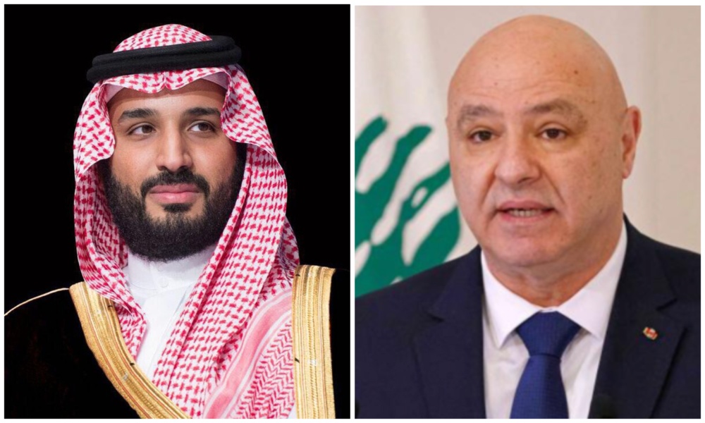 Saudi Crown Prince Mohammed bin Salman and Lebanese President Joseph Aoun discussed regional developments and efforts to promote security and stability during a phone call on Friday. (SPA/AFP/File Photo)