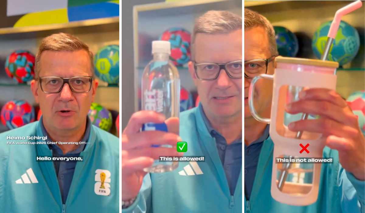 A combination of screengrabs from a video showing FIFA 2026 chief operating officer Heimo Schirgi clarifying which water bottles are allowed and not allowed. (X: @FIFA)