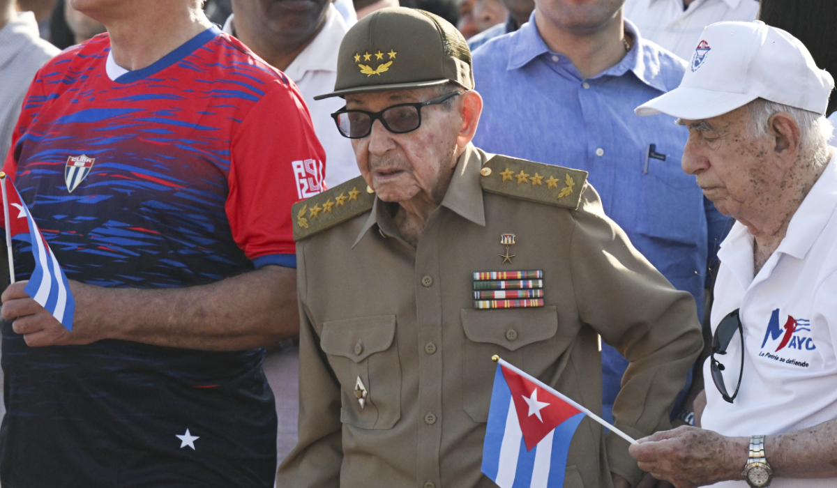 Cuba's former President Raul Castro (C) and former Vice-President Jose Ramon Machado Ventura (R) attend a May Day rally marking International Workers’ Day in Havana on May 1, 2026. (AFP)