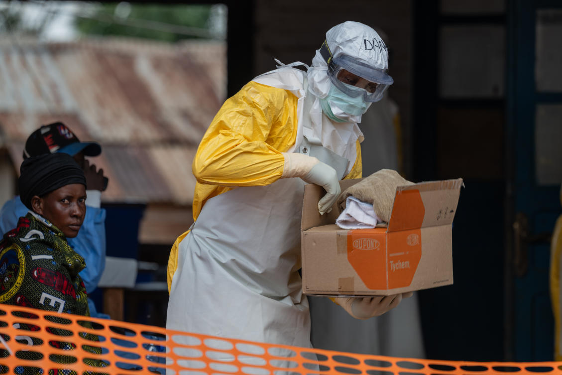 A health worker prepares for duty at the ebola treatment center in Mongbwalu, Congo, which has emerged as the epicenter of the rare Bundibugyo type, on June 5, 2026. (AP)