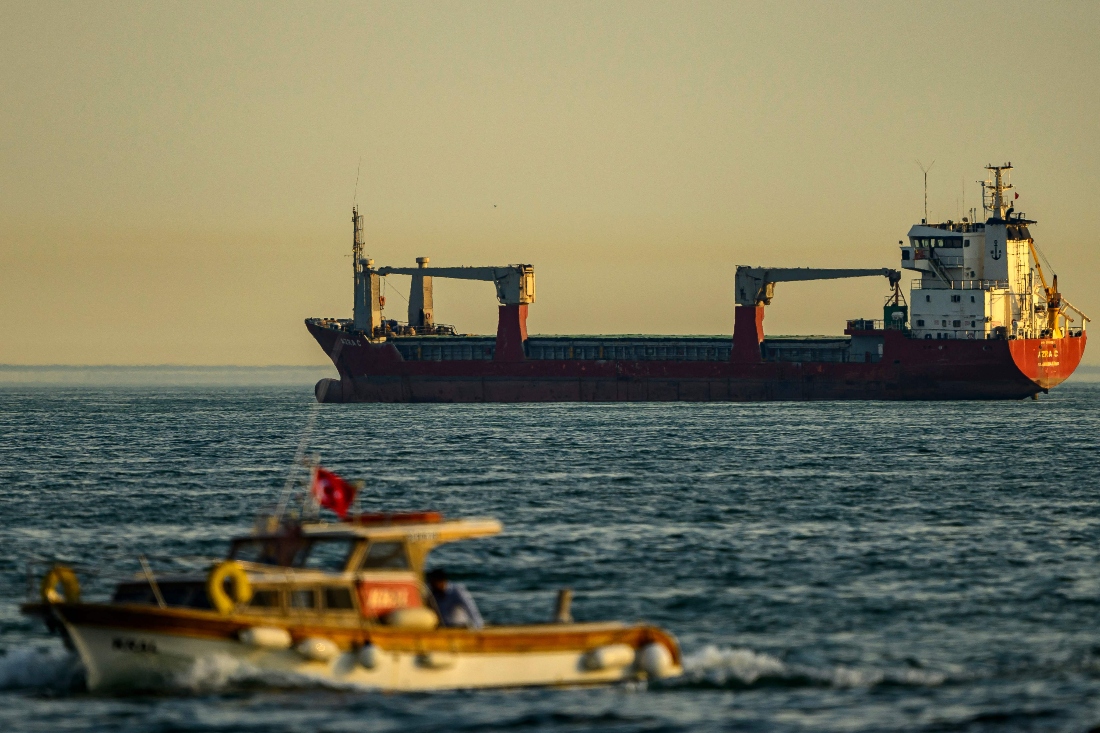 The Mongalia-flagged cargo ship "Azra C" lies at anchor in the Sea of Marmara off Istanbul, Turkiye. (AFP)
