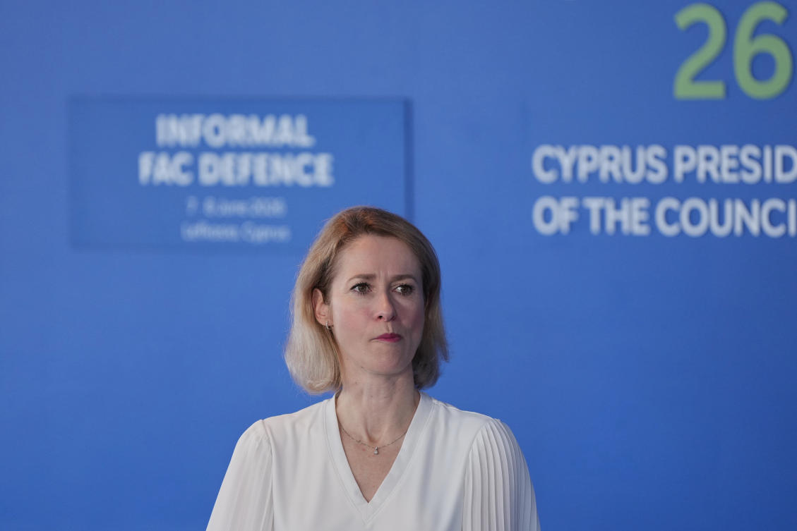 European Union foreign policy chief Kaja Kallas waits for the arrival of defense ministers during an EU informal defense meeting in Nicosia, Cyprus, Monday, June 8, 2026. (AP)