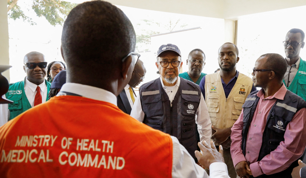 Director-General of the World Health Organisation (WHO) Tedros Adhanom Ghebreyesus, talks to Ugandan medical workers during his visit at the Mulago National Referral Hospital Isolation Unit, in Kampala, Uganda June 8, 2026. (REUTERS)