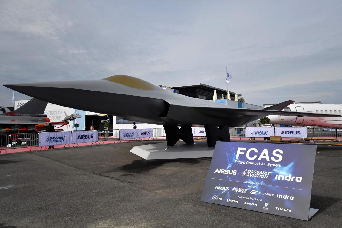 A mock-up of the European New Generation Fighter (NGF) for the Future Combat Air System (FCAS) under development by Dassault Aviation, Airbus and Indra Sistemas during the International Paris Air Show at the Paris–Le Bourget Airport, June 18, 2023. (Files/AFP)