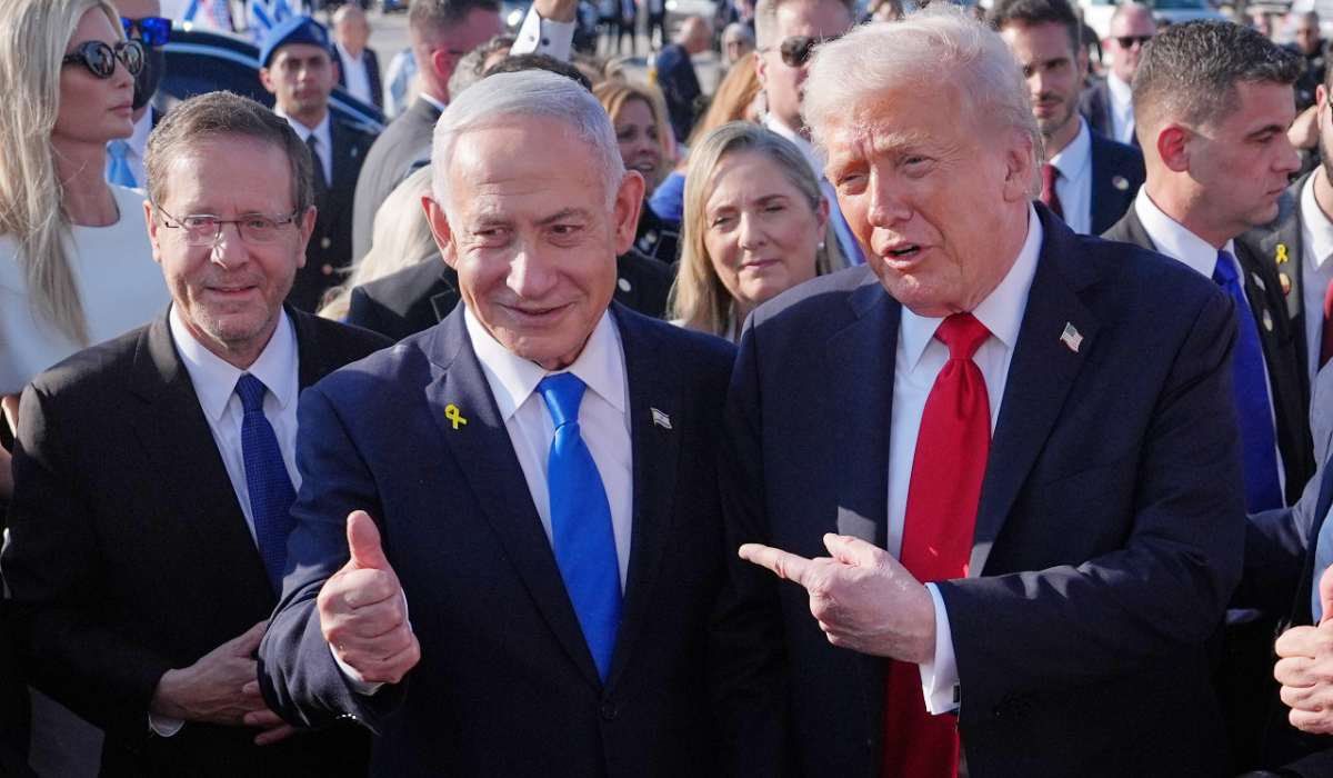 President Donald Trump poses for a photo with Israel's Prime Minister Benjamin Netanyahu before he boards Air Force One at Ben Gurion International Airport, Oct. 13, 2025, near Tel Aviv, as Israel's President Isaac Herzog watches at left. (AP)