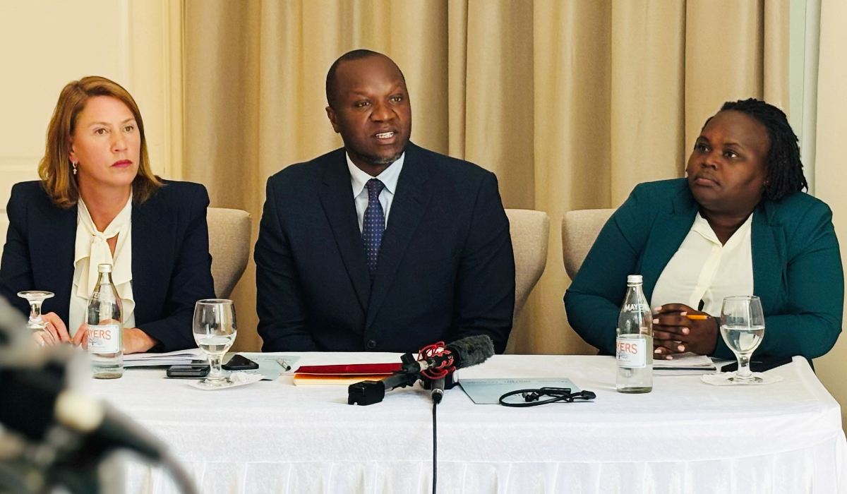 Lawyers of the legal team filing a lawsuit against Sudan’s RSF on behalf of Sudanese torture victims speak to the media in Nairobi on Tuesday. (AP)