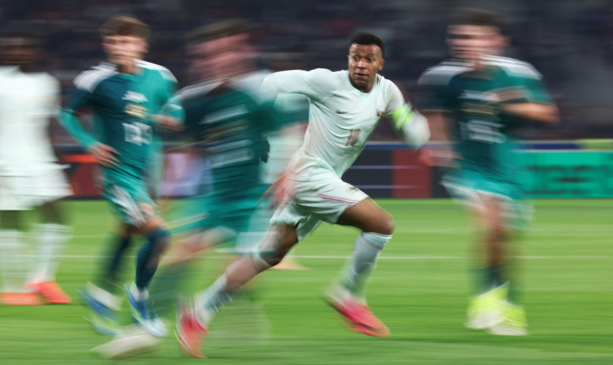 France’s forward #10 Kylian Mbappe runs for the ball during the international friendly between France and North Ireland at the Decathlon Arena — Pierre Mauroy stadium in Villeneuve-d’Ascq, northern France on Monday. (AFP)
