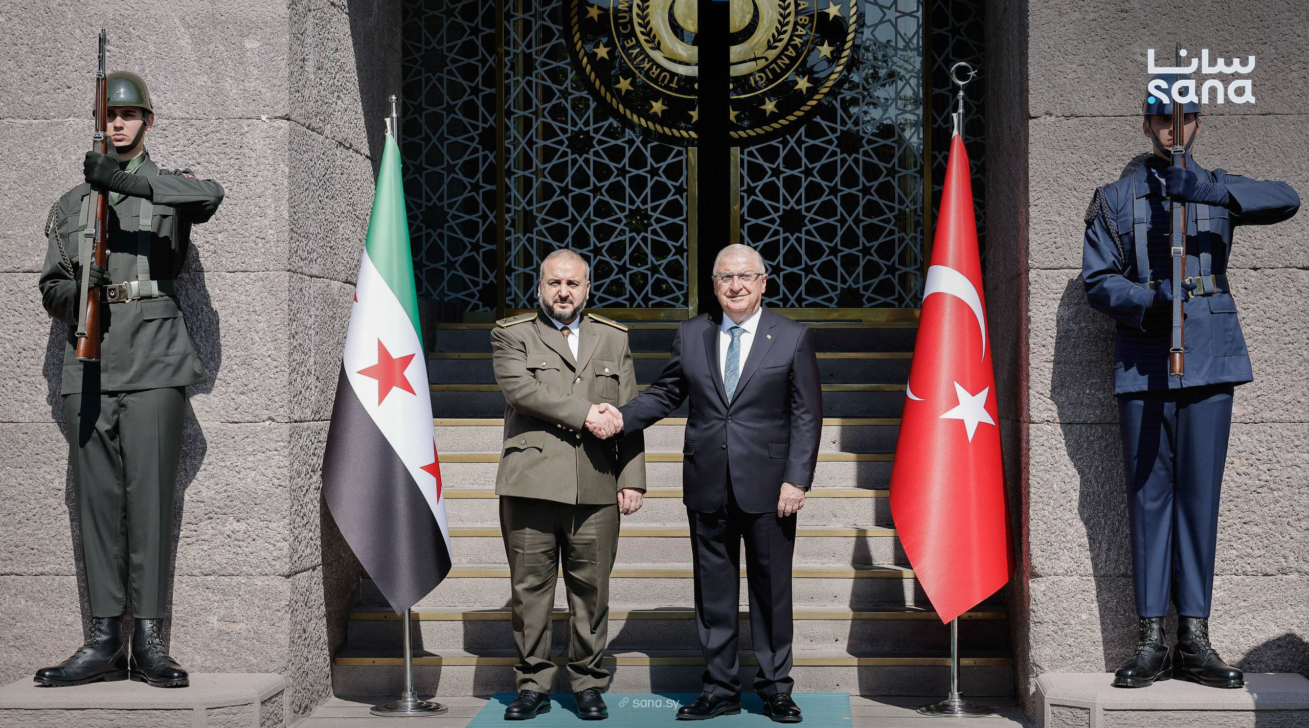 Defense Minister Murhaf Abu Qasra met with his Turkish counterpart, Yasar Guler, in Ankara on Tuesday. (SANA)