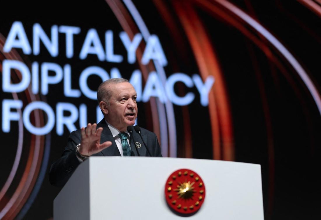 President Recep Tayyip Erdogan speaking at the opening ceremony of the 5th edition of the three-day Antalya Diplomacy Forum (ADF2026) in Antalya. (File/AFP)