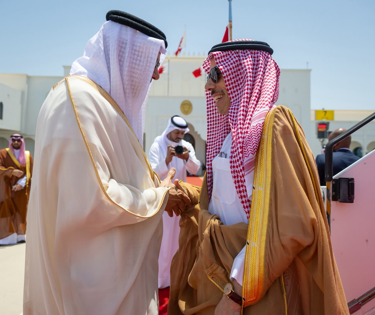 Prince Faisal was welcomed at Manama International Airport. (SPA)
