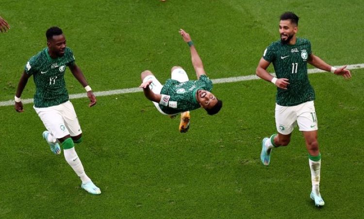 Saudi Arabia’s Salem Al-Dawsari celebrates scoring the winning goal against Argentina, Lusail Stadium, Lusail, Qatar, Nov. 22, 2022. (Reuters)