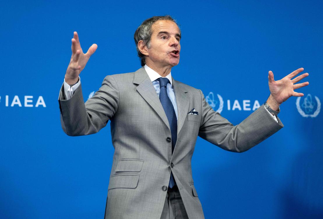 Director General of the International Atomic Energy Agency (IAEA) Rafael Grossi addresses a press conference following a Board of Governors' Meeting at the agency's headquarters in Vienna on Monday. (AFP)