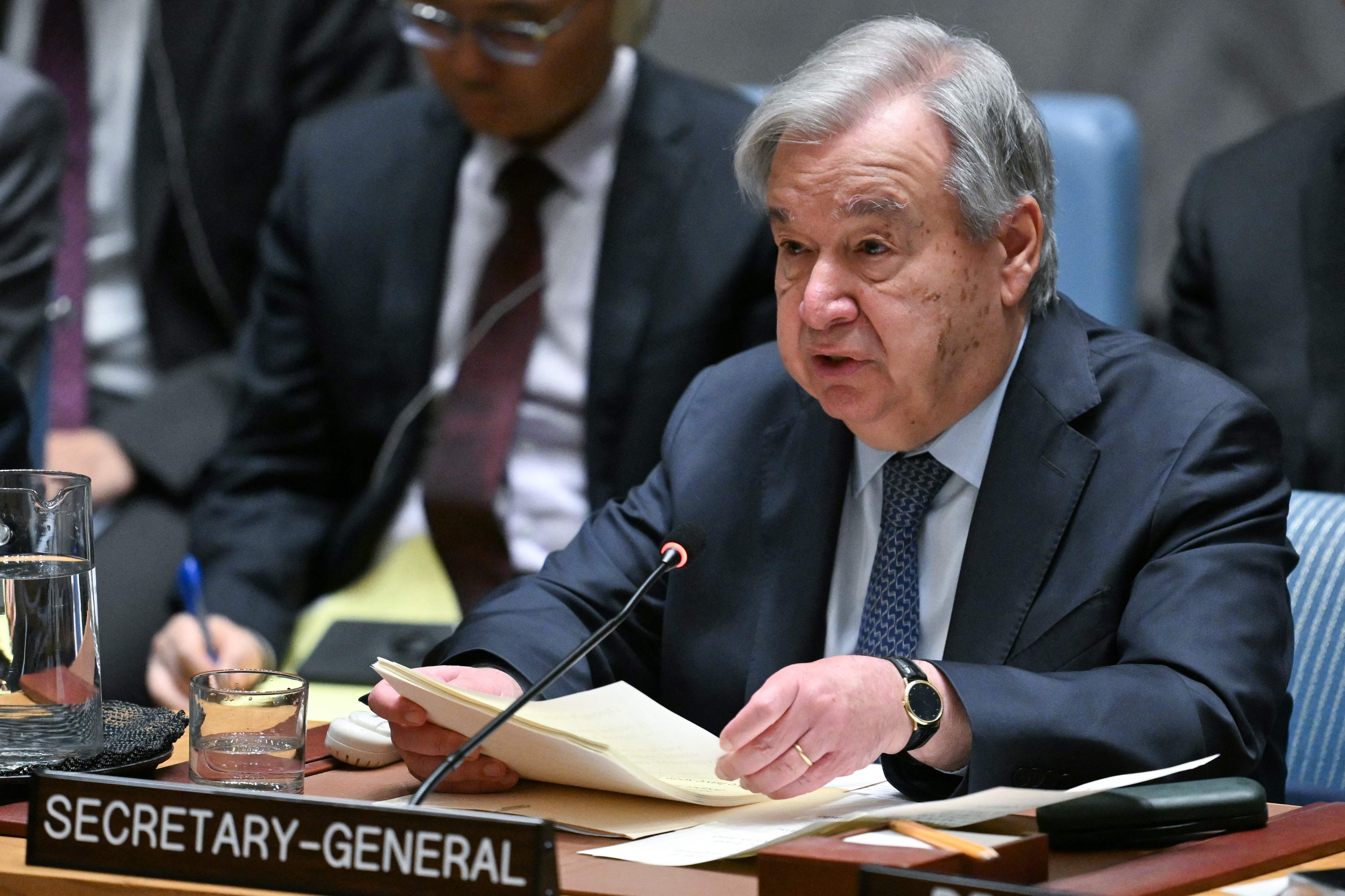 UN Secretary General Antonio Guterres speaks during a United Nations Security Council meeting on the Middle East, at UN Headquarters in New York, on June 10, 2026. Colombian President Gustavo Petro is in New York to chair the UN open debate on the Middle East. (AFP)