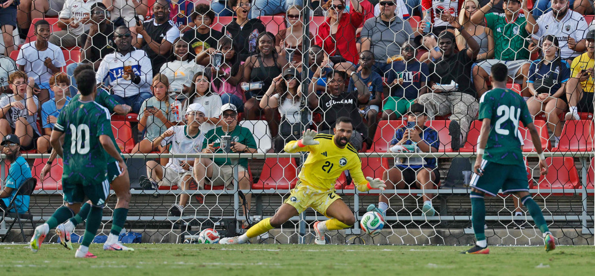 Mohammed Al-Owais #21 of Saudi Arabia makes a save in the first half in the international friendly match between Saudi Arabia and Senegal on June 9, 2026 at Toyota Field in San Antonio, Texas. (AFP)