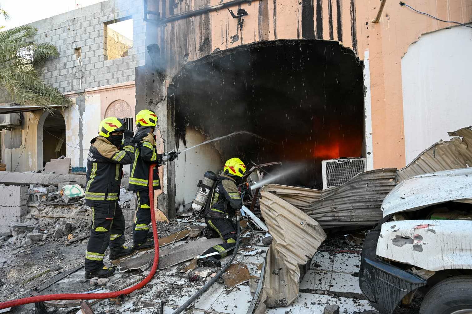 Several houses and homes damaged in Bahrain’s Hamad City and the capital Manama due to shrapnel from intercepted Iranian drones. (X: @moi_bahrain)