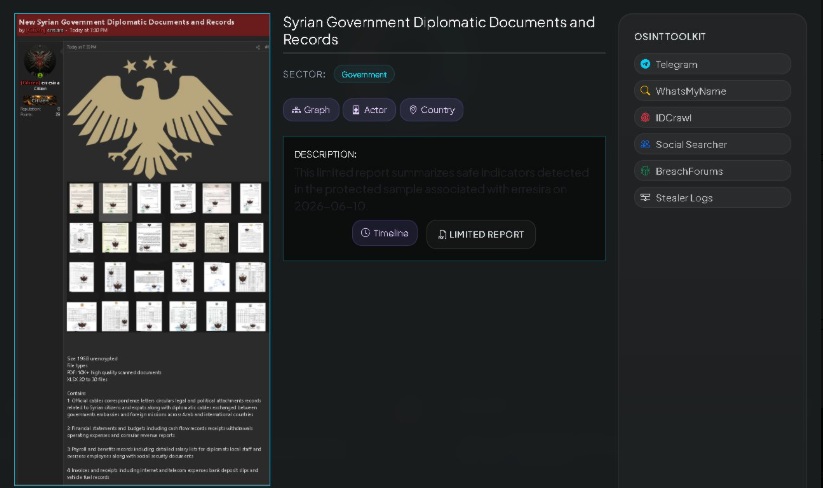 Syria has said it is investigating a cyberattack that leaked sensitive information from the foreign ministry, with internal documents appearing on messaging app Telegram. (X/@VECERTRadar)