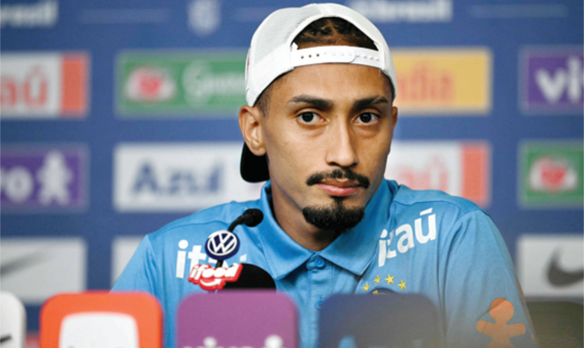 Brazil’s forward Raphinha gives a press conference at The Ridge hotel in Basking Ridge, New Jersey, on Wednesday, ahead of the 2026 World Cup football tournament. (AFP)