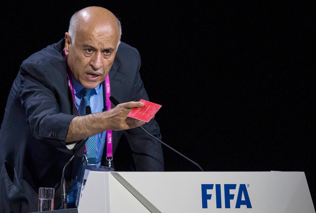 Jibril Rajoub, president of the Palestinian Football Association speaks during the 65th FIFA Congress held at the Hallenstadion in Zurich, Switzerland. (AP)