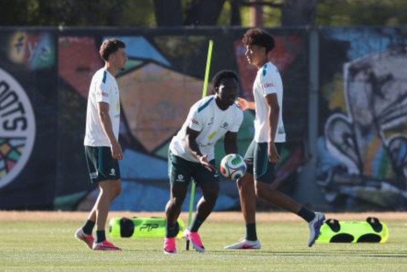 Nestory Irankunda #17 of Australia warms up during a training session ahead of FIFA World Cup 2026 at Oakland Roots & Soul Sports Club on June 10, 2026 in Alameda, California. (AFP)